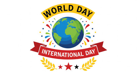 World day international day celebration with globe and confetti on white background symbolizing global unity and festivity