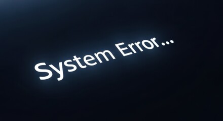 Close up of a digital screen displaying system error in white text on a dark background, showing a technical issue and digital communication.