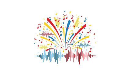 Naklejka premium Abstract musical illustration with sound waves, musical notes and confetti on white background