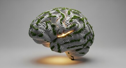 Conceptual voxel brain featuring green growth and glowing sections set against a soft light background, created as a 3D render exploring digital technology.
