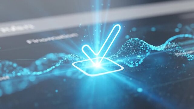 neon checkmark on digital screen with graphs and data