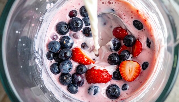 Berry Smoothie Preparation - Fresh Ingredients in a Blender.