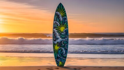 Brightly colored surfboard is standing upright and visible in the soft sand of the beach, ready for a day of surfing near the ocean