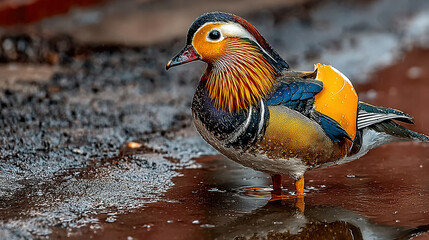Colorful duck with vibrant plumage standing in shallow water.