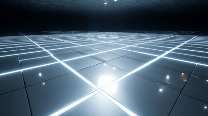 Futuristic illuminated grid floor representing digital infrastructure virtual environment and technology foundation.
