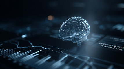 A transparent human brain over financial charts representing artificial intelligence data analysis and cognitive computing in technology.
