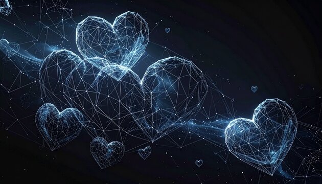 Digital hearts floating in space, connected by glowing lines. - Powered by Adobe