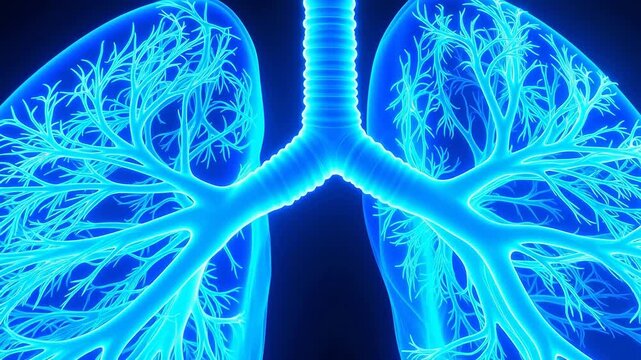 Detailed 3D rendering of human lungs with glowing blue bronchi and trachea against a dark background
