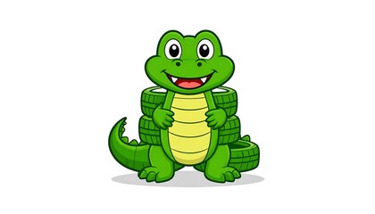 Obraz premium Cartoon Alligator with Tires - A Playful Environmental Concept.