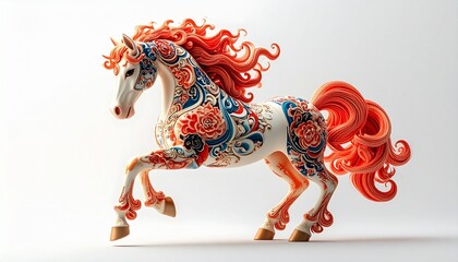 Exquisite Porcelain Horse Figurine with Intricate Floral and Coral Details.