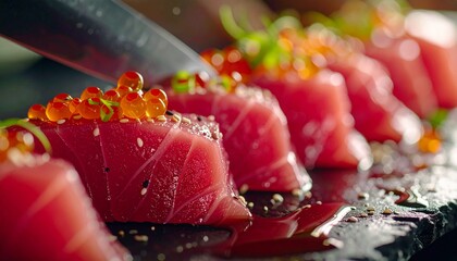 Exquisite Tuna Nigiri Sushi with Ikura Topping - A Culinary Masterpiece.
