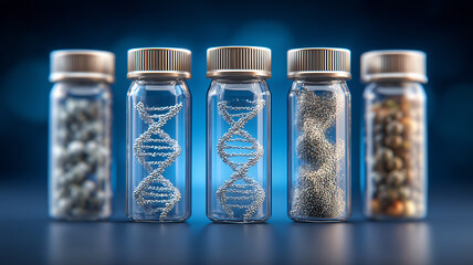 Glass vials containing DNA structures representing genetic research biotechnology innovation and molecular science.
