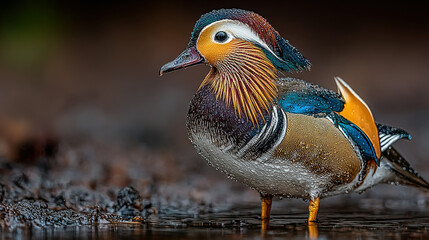 A colorful duck with vibrant plumage standing on wet ground.