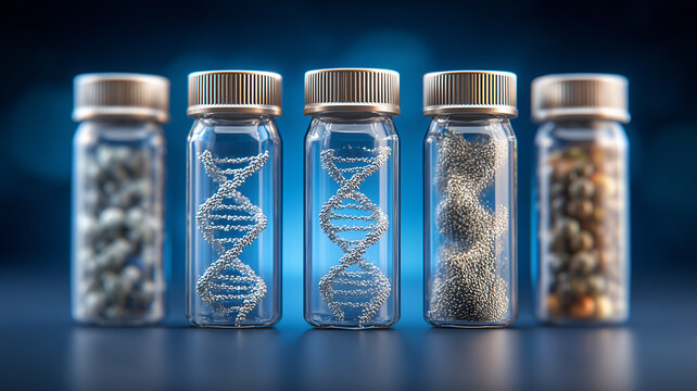 Glass vials containing DNA structures representing genetic research biotechnology innovation and molecular science.
- Powered by Adobe