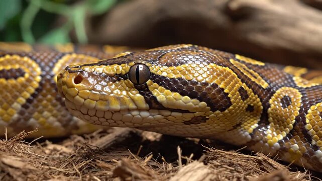 Reticulated Python Flicking Its Tongue on Wood Chip Bedding, Macro Shot