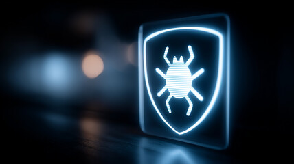 A glowing bug icon inside a digital shield, illustrating cybersecurity vulnerability detection, software protection and threat prevention concept.
