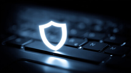 A luminous shield icon displayed on a computer keyboard, illustrating data protection, online security and digital privacy concept.
