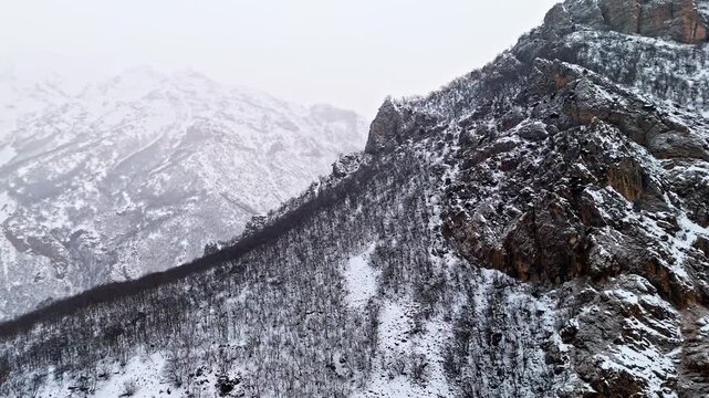 A dramatic aerial view of snowy rocky cliffs and rugged winter mountain terrain in Munzur Valley. Ideal for nature, geography, winter landscapes and cinematic drone footage.