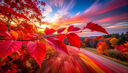 Autumns fiery embrace - A vibrant landscape of red leaves and sunset hues.