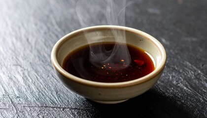 Bowl of hot dark liquid with rising steam.