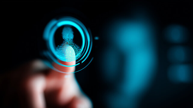 Abstract fingerprint scan with digital interface representing biometric security identity verification and data protection technology.
 - Powered by Adobe