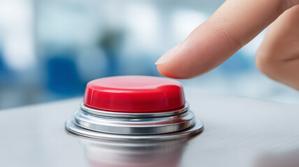 A human finger pressing a red emergency button illustrating critical decision making, alert systems and urgent action concept.

