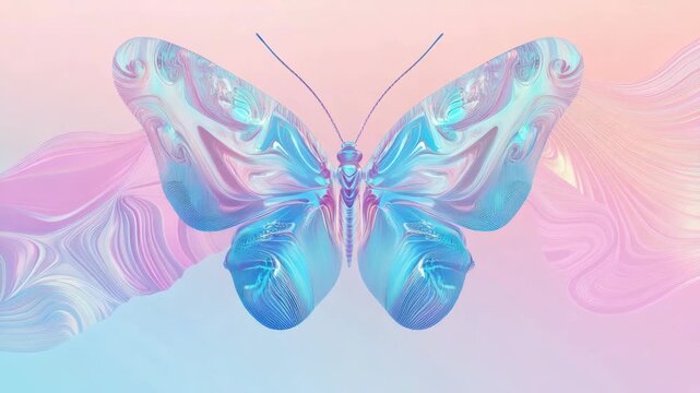 The features a stylized blue butterfly against a vivid backdrop of pink and purple abstract swirls.