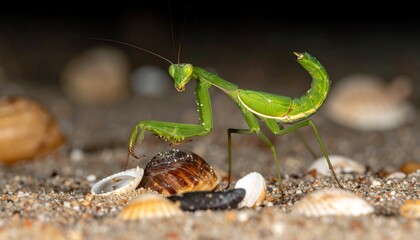 Green Praying Mantis on Shells - A Macro View of Natures Hunter.