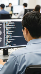 Back view of a Japanese engineer writing programming code