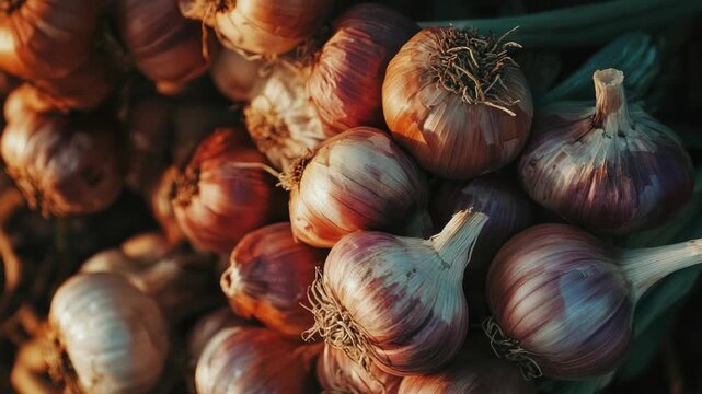 A large pile of fresh garlic bulbs at a market, with a focus on the quality and organic nature.