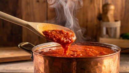 Delicious homemade tomato sauce being stirred with a wooden spoon.