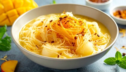 Delicious Mango Sticky Rice Noodle Bowl - A Sweet and Savory Delight.