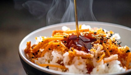 Delicious Rice Bowl with Carrots and Sauce - A Culinary Delight.