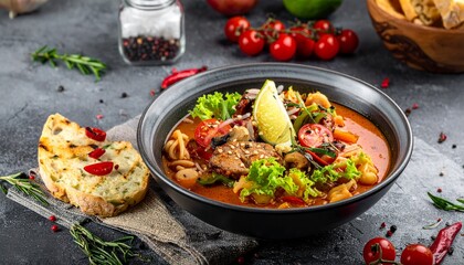 Delicious Seafood Stew with Toasted Bread and Fresh Vegetables.