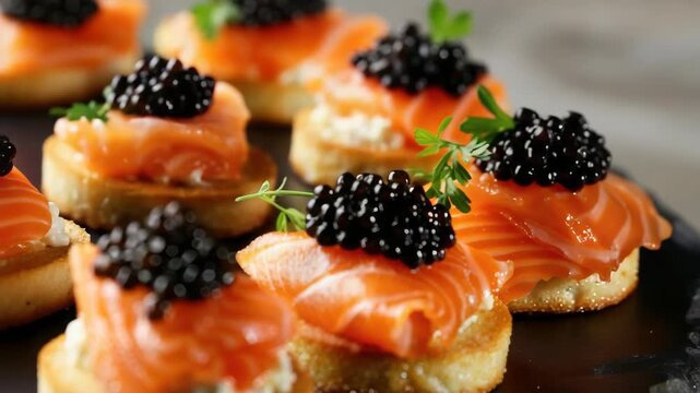 An elegant platter of delicate bites featuring cream cheese, smoked salmon, and caviar pearls.