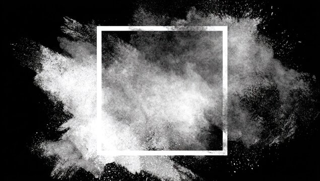 White powder explosion with a white square frame on a.