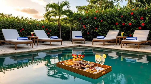 A luxurious poolside setting with food and drinks, perfect for relaxation.