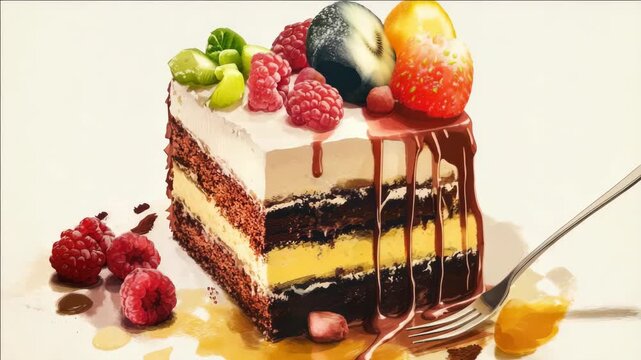 An indulgent, multi-layered chocolate cake generously topped with fresh berries and cream. Perfect for a dessert course or celebration.