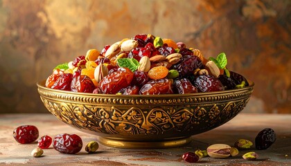 Exotic Dried Fruit and Nut Medley in Ornate Golden Bowl.