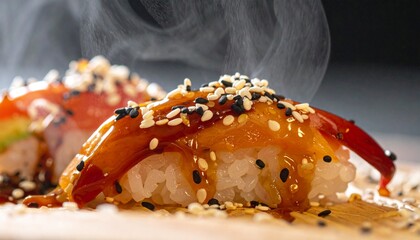 Exquisite Unagi Sushi with Sesame Seeds and Delicate Sauce Drizzle.