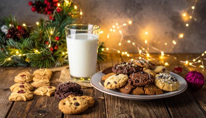 Festive Christmas Cookies and Milk for Santa Claus.