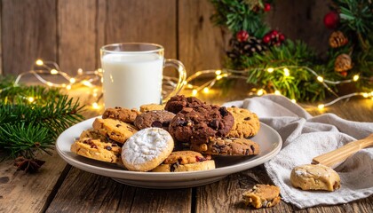 Festive Christmas Cookies and Milk for Santa Claus.
