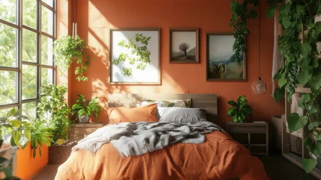 Vibrant and spacious bedroom featuring a large bed, ample natural light from windows, and a lush indoor garden with potted plants.