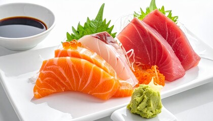 Fresh Sashimi Platter with Salmon, Tuna, and Soy Sauce.