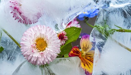Frozen Flowers - A Captivating Display of Natures Beauty Encased in Ice.