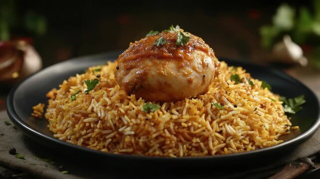 A tantalizing dish of chicken tikka masala served over a bed of fluffy rice, garnished with herbs and spices. This mouth-watering Indian meal is rich in flavor and color.
