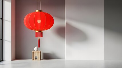 Minimalist Red Chinese Lantern Hanging Indoors With Modern Clean Interior Space