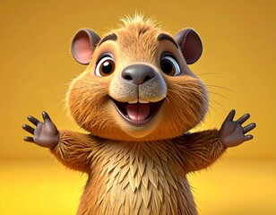 Adorable Baby Capybara Character Smiling with Open Arms on Yellow Background, Cute 3D Rendered Rodent Mascot for Kids Education and Greeting Cards.