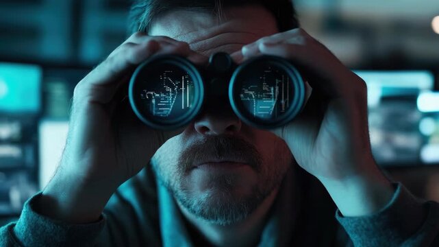 A man in a dark room, intently looking through binoculars. He is dressed for covert operations and the setting appears to be high-tech surveillance or intelligence.