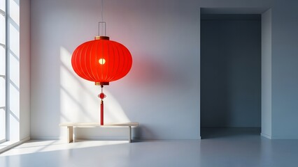 Red Chinese Lantern Hanging Indoors With Minimalist Modern Interior And Soft Daylight